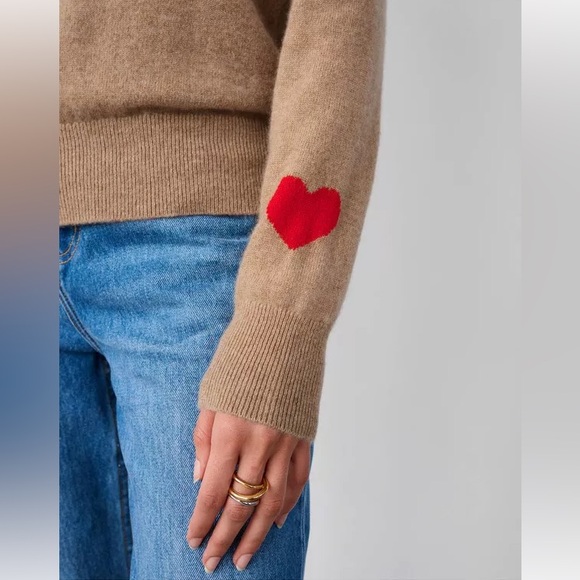 White + Warren Cashmere Heart Sleeve Crewneck in Camel - Picture 2 of 11